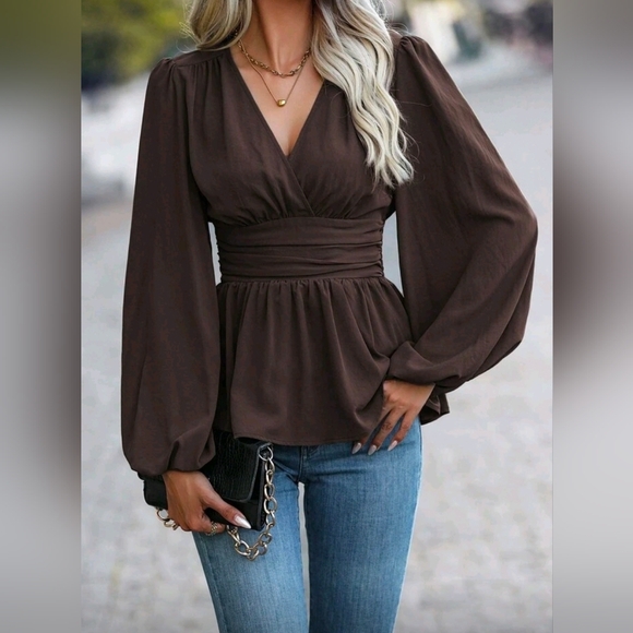 Boutique Tops - NEW Chic Ruched Waist Lantern Sleeve Peplum Top Blouse Dark Brown
